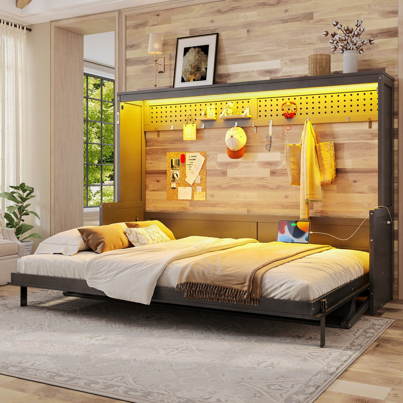 Grand lit escamotable avec bureau, station de charge USB, lumières DEL, gris foncé, Grand lit, Gris foncé