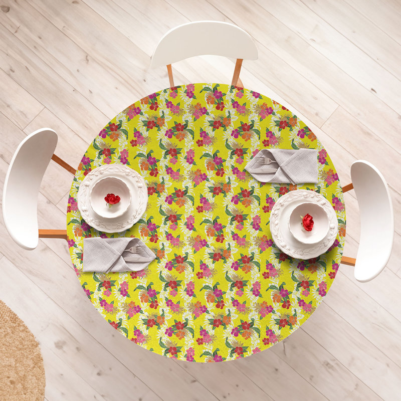 Ebern Designs Hibiscus Fitted Round Tablecloth Multicolour 81092