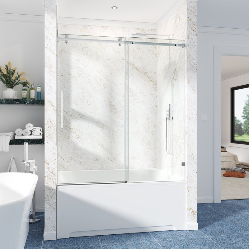 68-73" W X 66" H Frameless Single Sliding Shower Tub Door with 3/8" (10mm) Clear Tempered Glass, Shatter-Resistant Film & Installation Hole Locator - Square Top Rail