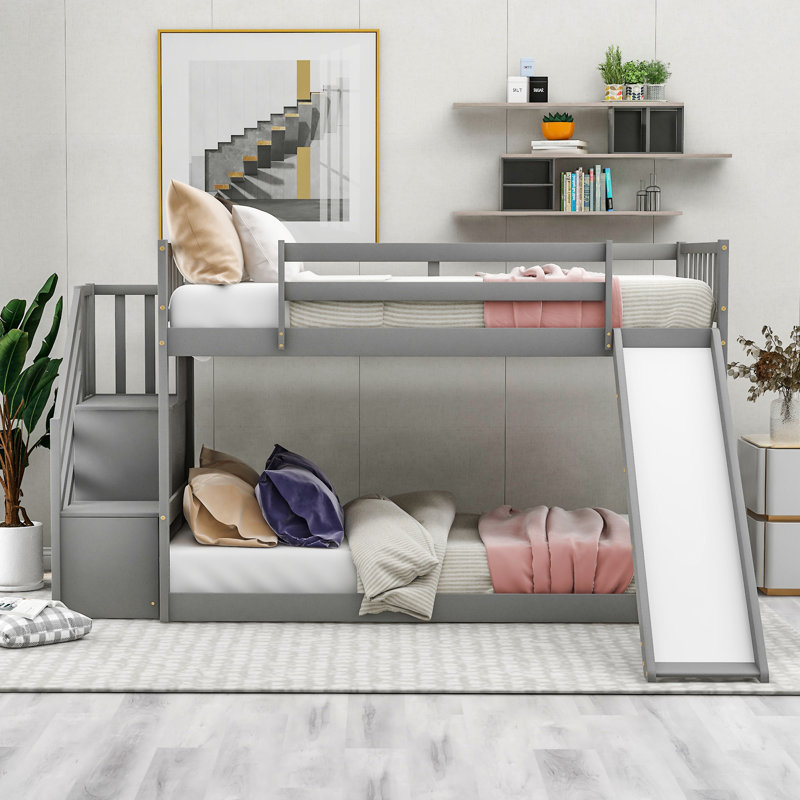 Lit superposé avec glissière convertible et escalier, Gris