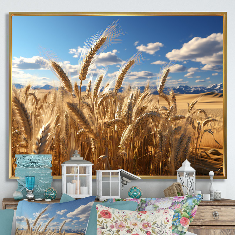 Golden Harvest Meadow Horizon I - Art mural prairie, Cadre flottant doré, H 30 po x l 40 po x P 1,5 po