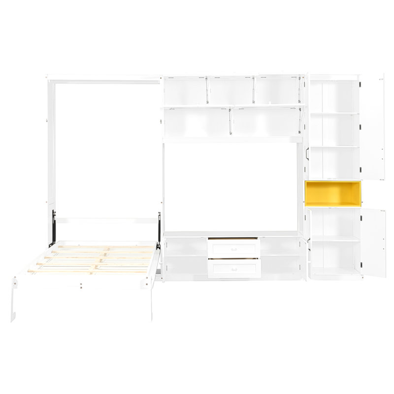 Twin Size Wooden Murphy Bed with TV Stand, 2 Drawers, Shelves, and Cabinets, White, White