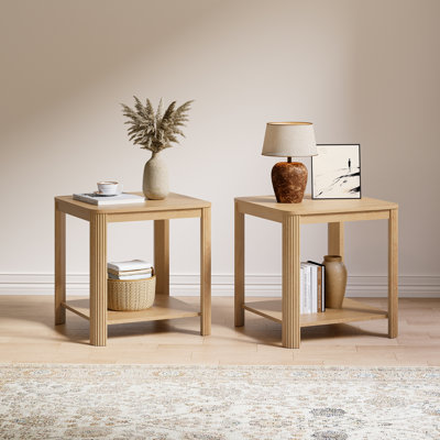 Rounded Corner End Tables Set Of 2 – 22.1'' Square Nightstand With Vertical Wave Grain Legs, 2-Tier Boho Side Table For Living Room, Bedroom & Home Office