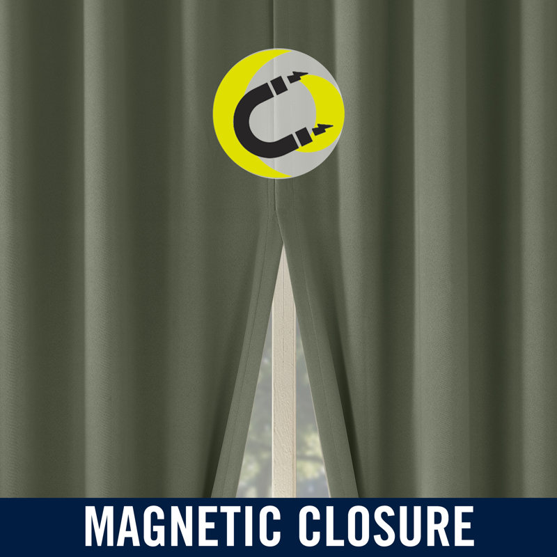 Aria Magnetic Closure Theater Grade 100% Blackout Back Tab Curtain Panel Pair, 52" W x 63" L, Sage Green