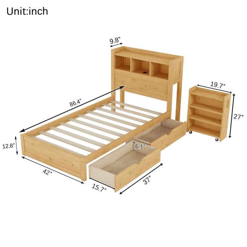 Bookcase Bed Frame with LED Lights and Pull-Out Nightstand, Wood Platform Bed with 2 Drawer and Headboard Storage, No Box Spring Needed, Natural, Twin