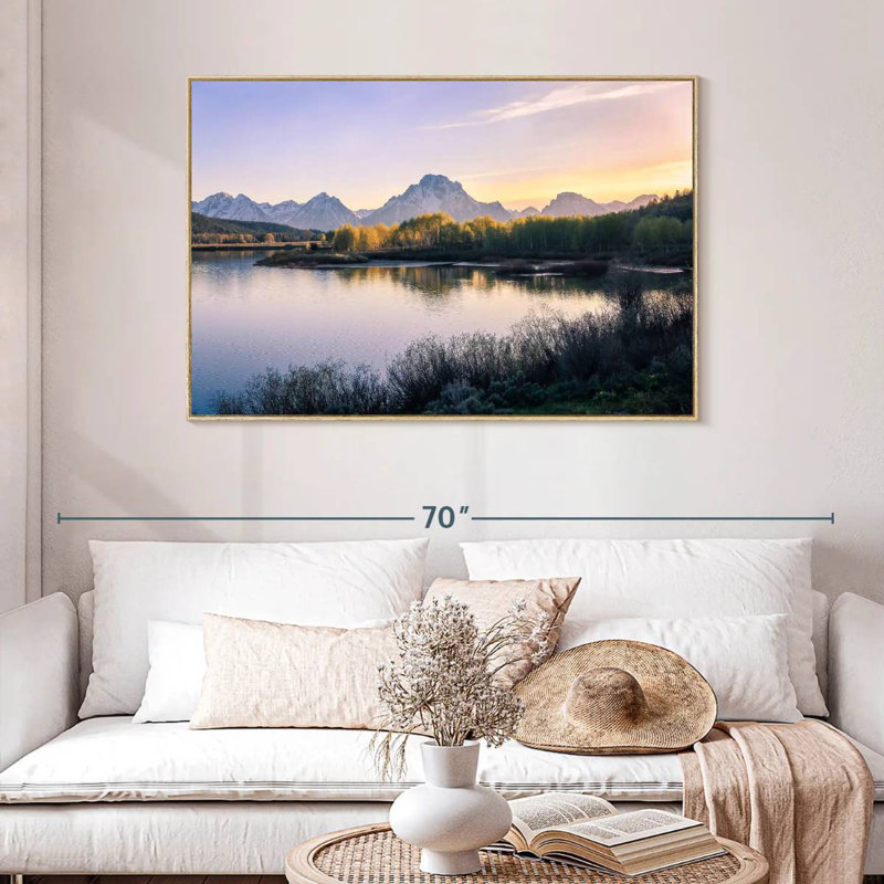 Lever de soleil sur Grand Teton, Cadre flottant en bois naturel, 46 po x 31 po