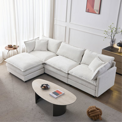 Canapé modulaire de 105 po en tissu de chenille rembourré de 105 po, canapé 3 places avec repose-pieds beige