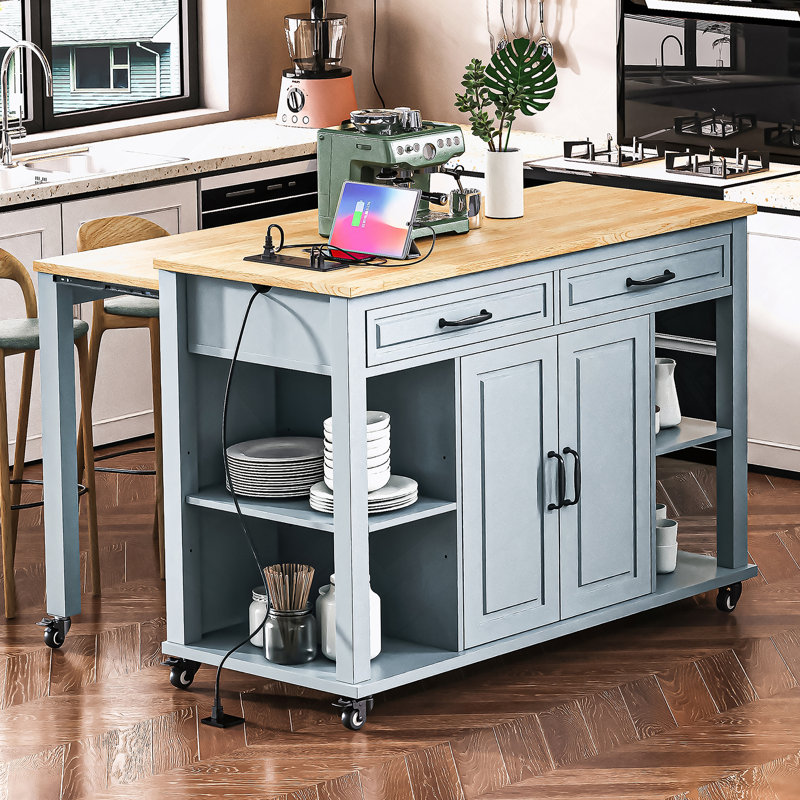 Îlot de cuisine 47 po avec table de salle à manger extensible, table de cuisine en placage de bois d'hévéa avec support de rangement interne, prise de courant, îlot de cuisine avec rangement 2 tiroirs et 2 armoires, blanc