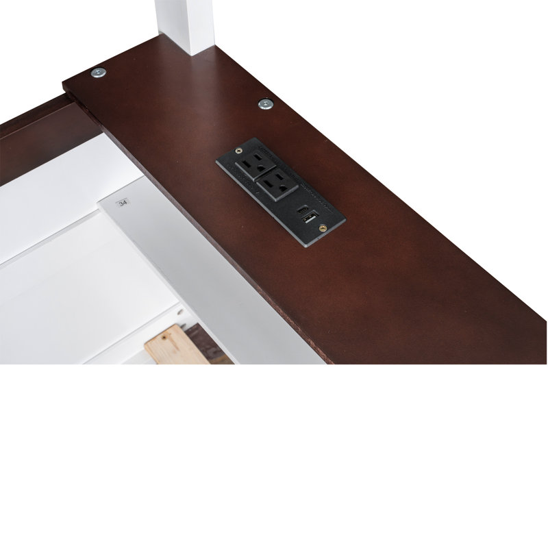 Grand lit superposé en bois blanc avec tablettes intégrées, boîte de rangement, éclairage à DEL et crochets pour une optimisation de l'espace de chambre à coucher avec station de charge, fonctionnalité de vêtements en métal