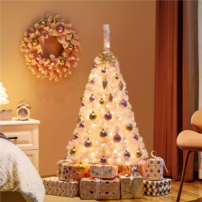 Sapin de Noël artificiel illuminé 4 pi avec base pliable, Blanc