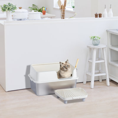 Litière pour chat en acier inoxydable l 23 po x H 13 po avec filtre à pédale et pelle sans odeur Facile à nettoyer