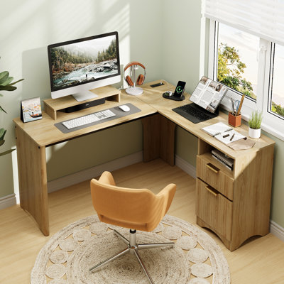 Daymen 55Inch Lift Top L Shaped Desk with Power Outlet, Fluted Computer Desk with File Drawer and shelf , Home Office Desk with Monitor Stand and Cabl by 17 Stories