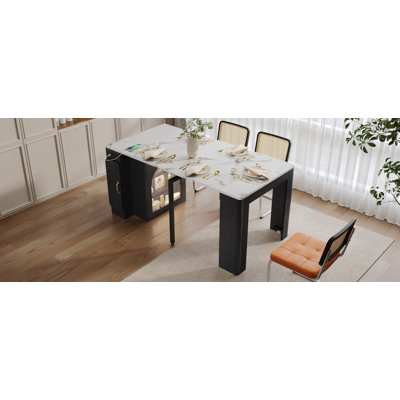 Table de salle à manger extensible TREXM avec 3 rallonges amovibles, table d'îlot mobile avec prise de courant, armoire de rangement avec rangement pour la salle à manger et le salon (NOIR ET BLANC MARBRE)