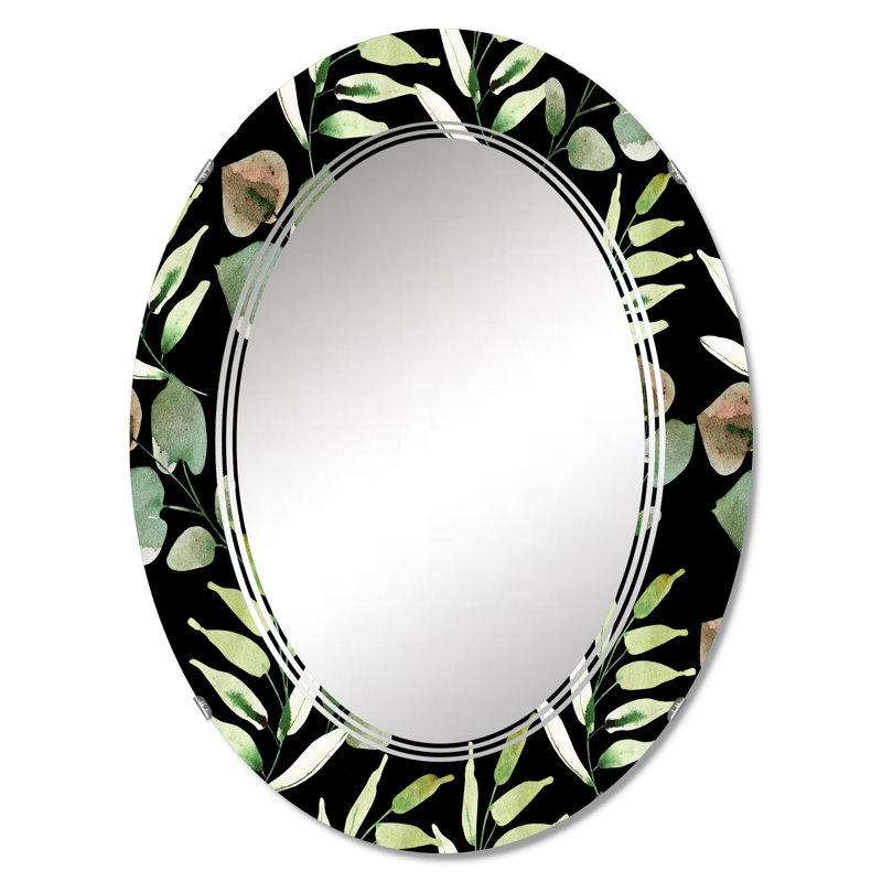 Feuilles vertes tropicales sur fond noir - miroir mural tropical ovale, 30 po x 20 po