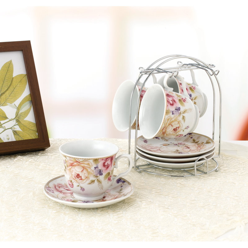 Ensemble de 4 tasses à thé et soucoupes Lorren Home Trends, Rose / fleur blanche