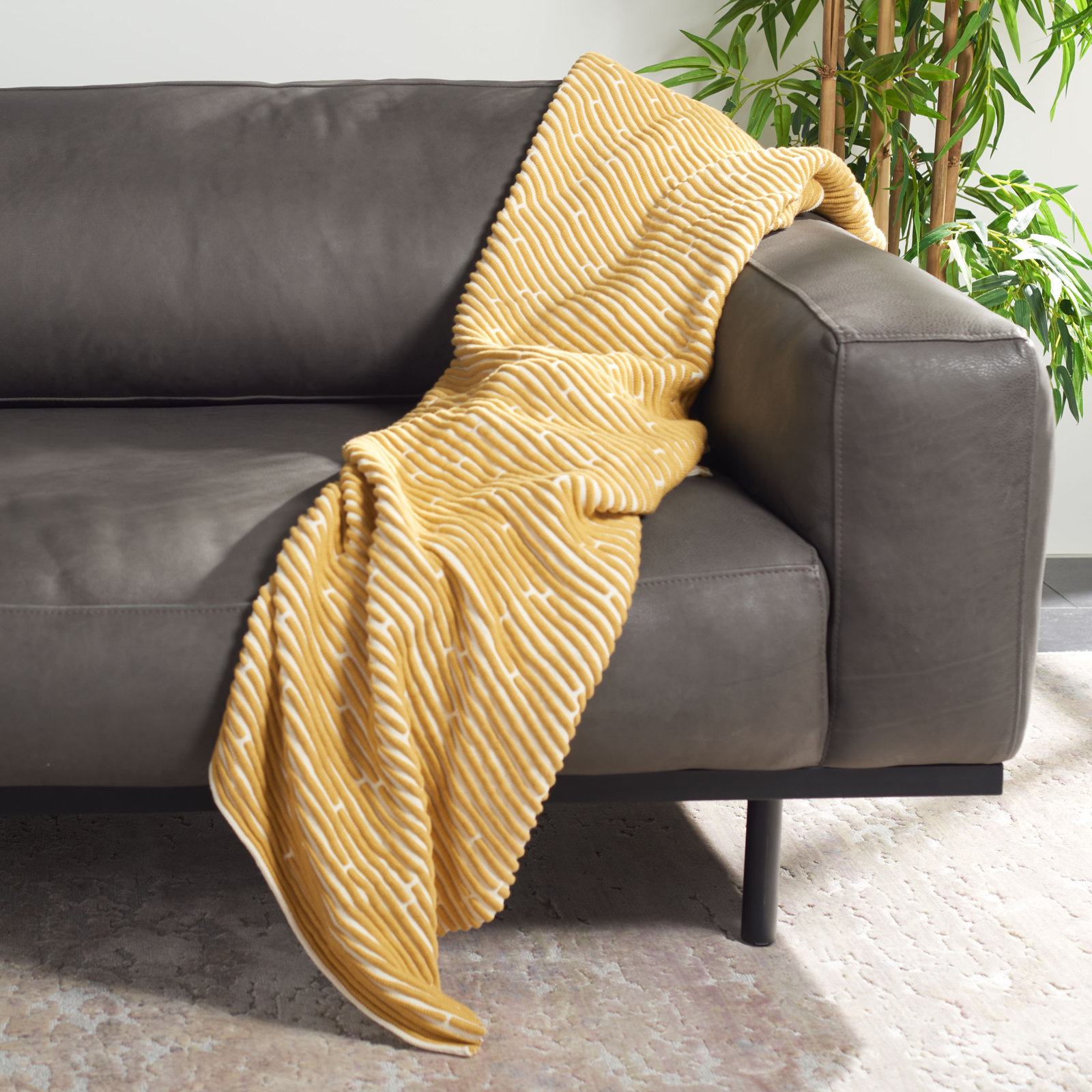Lilia Cotton Knitted Throw Blanket, Mustard/Beige