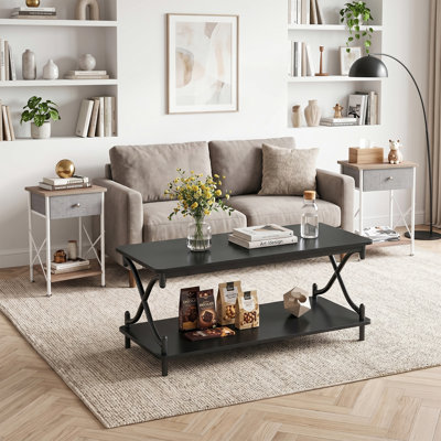 Modern 3-Piece Living Room Furniture Set, Minimalist Coffee Table Set Of 3, 2-Tier Rectangular Coffee Table And Set Of 2 End Tables With Drawer And Storage Shelves, Industrial Sofa Table Set For Living Room, Office, Apartment