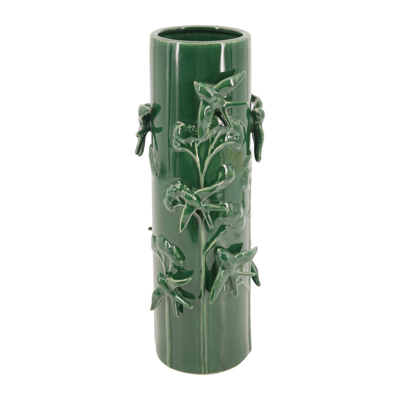 Grand vase en céramique vert D5,7 x 14,8 po avec des oiseaux et des vignes sculptés