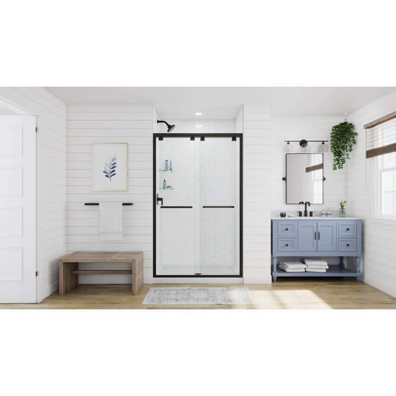 Encore 44" W x 76" Frameless Shower Door with ClearMax Technology, Matte Black, Clear
