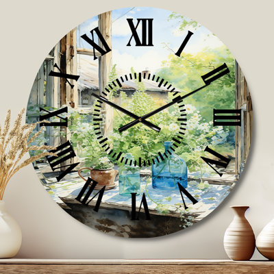 Green And Blue Countryside Window Charm I - Farmhouse Windows  Black Face Wall Clock