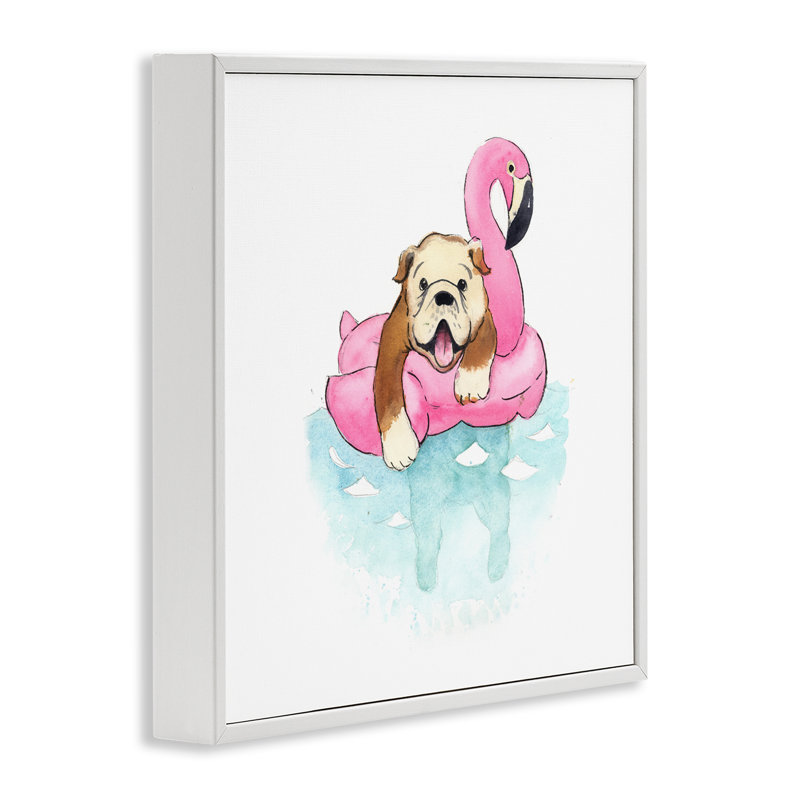 «Bulldog in Pool Float», art de la giclée encadrée par Geoff Allen, Giclée encadrée blanc bord de mer, H 17 po x l 17 po