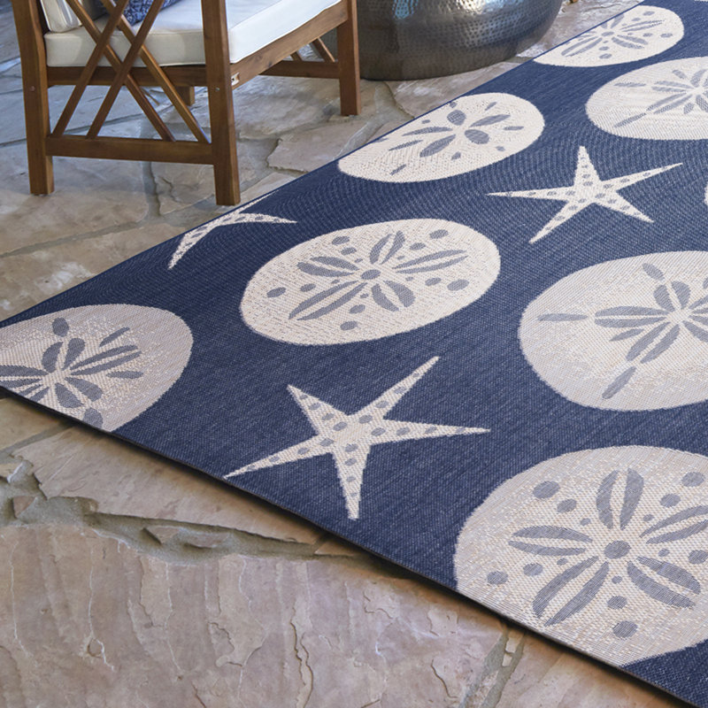 Solterra Solina Blue Beige Cream Nautical Tropical Starfish Flatweave Polypropylene Indoor/ Outdoor Area Rug
