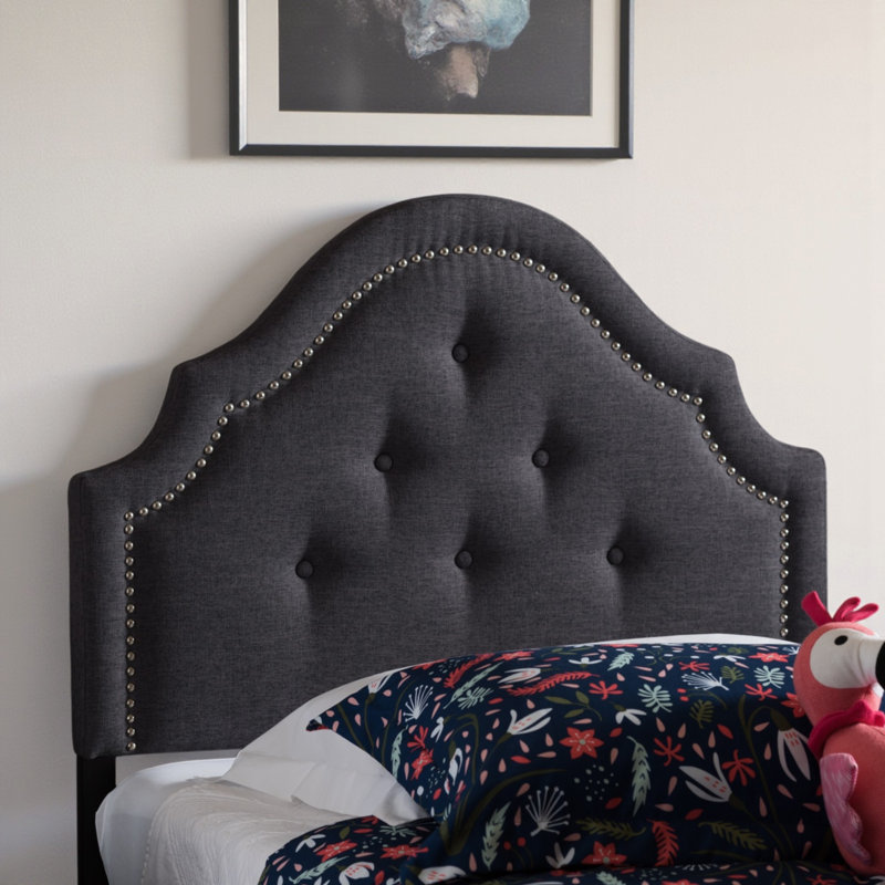 Moyd Dark Grey Nail Head Trim Button Tufted Upholstered Twin Headboard, 25.49" H X 38.52" W X 2.11" D, Dark Grey