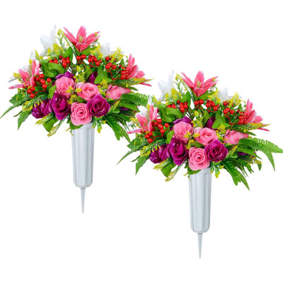 Fleurs de cimetière artificielles avec vase, ensemble de 2 fleurs de lis artificielles, cimetière