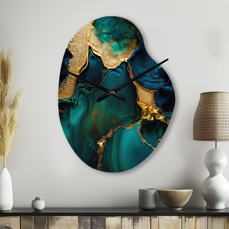 Horloge murale abstraite géométrique en marbre vert et or - marbre, asymétrique, Petit