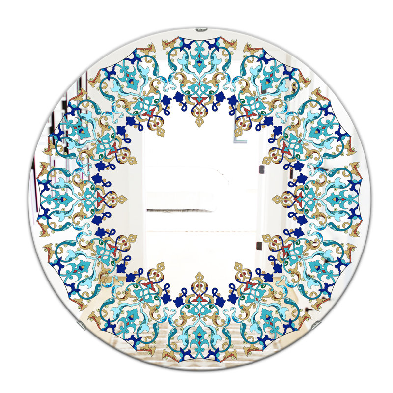 Motif bleu et brun - miroir bohémien et éclectique, H 23,6 po x l 23,6 po