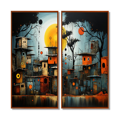 «Yellow African Pygmy Village Chronicles», art tribal africain sur toile, ensemble d'art mural bleu par 2