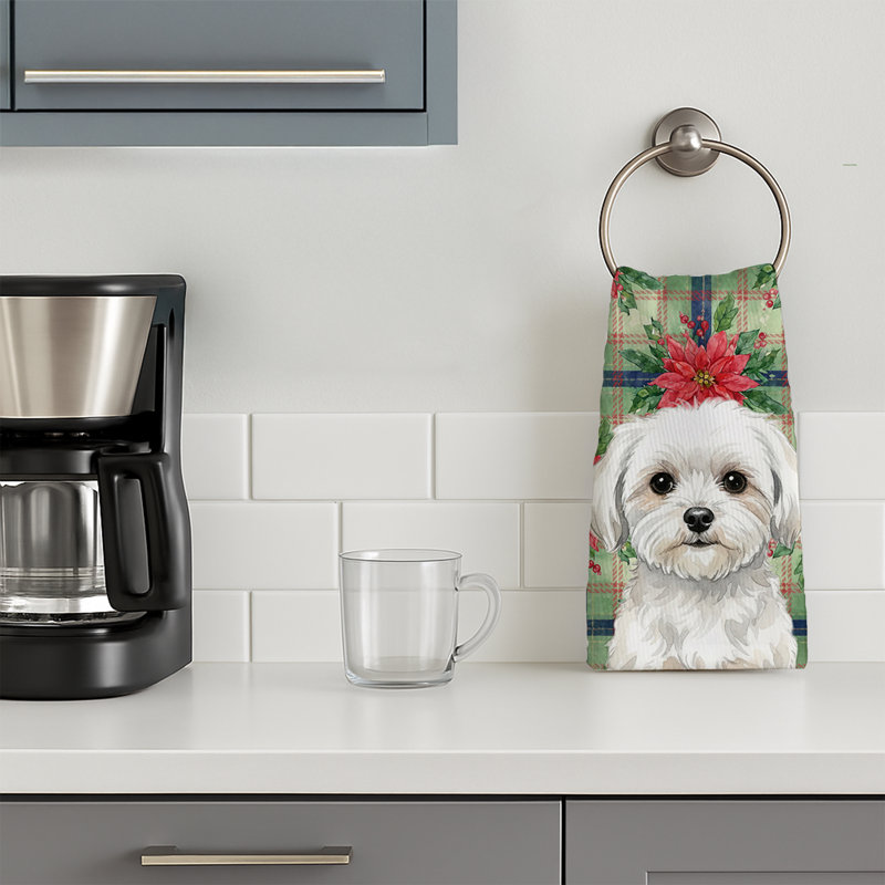 Maltese Christmas PoinsettIas Kitchen Towel, White Maltese