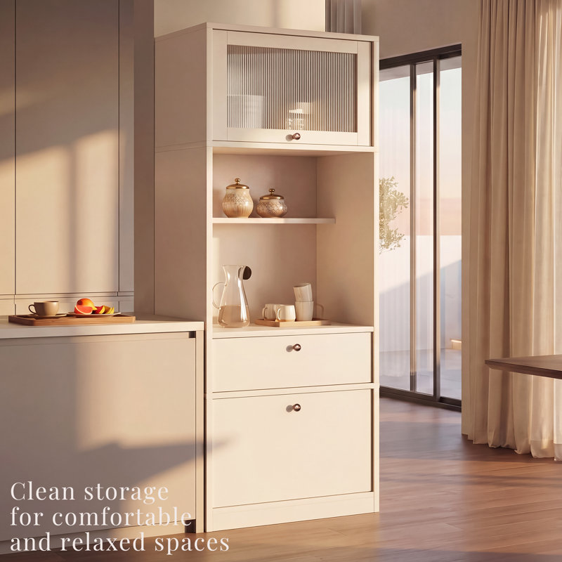 Armoire de rangement de 180 cm de haut avec 2 grands tiroirs et une étagère pour micro-ondes, meuble de rangement extra profond avec étagères réglables, porte à ouverture hydraulique, meuble autoportant pour cuisine, salle à manger, salon et salle de bain