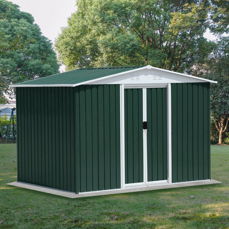 8X6 Feet Outdoor Storage Garden Shed Apex Roof Green With Aluminum Alloy Frame And Sliding Door, 72.6" H x 99.6" W x 70.4" D