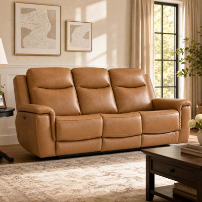 Canapé inclinable électrique Joniah en cuir véritable de 224 cm de large avec port USB, appuie-tête réglable
