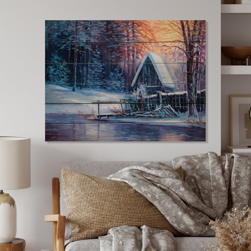 «Old Cabin in Winter River», impression sur bois sans cadre, H 12 po x l 20 po x P 1 po