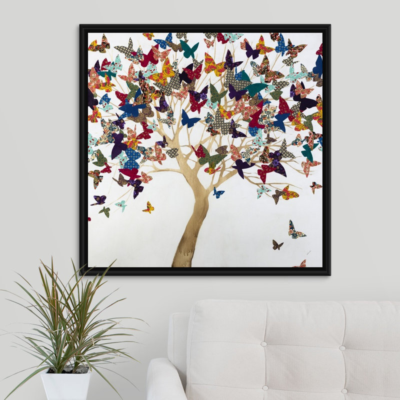 «A Butterflys Journey» par Sydney Edmunds - peinture sur toile, H 31,7 po x l 31,7 po x P 1,75 po, Cadre flottant noir