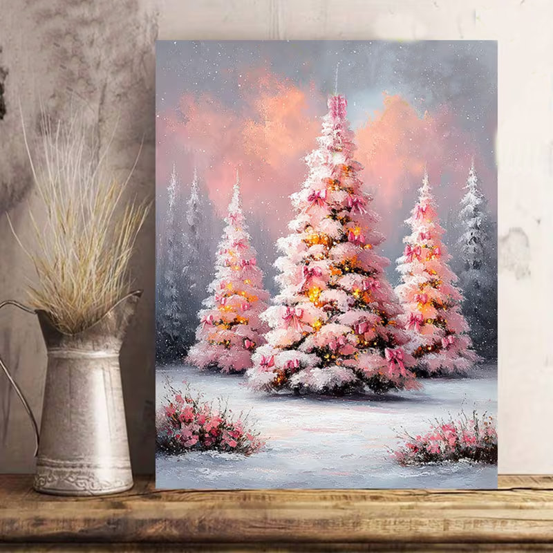 2D Flat, 1pc Pink Snowy Christmas Tree Framed Canvas Painting - Wooden Wrap-Around Frame Suitable for, Retro Winter Wonderland.