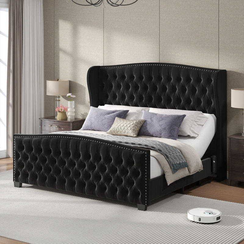 Adjustable Bed Frame, 50.8" H Velvet Upholstered Bed With Wingback Headboard And Deep Button Tufted, Queen, Black