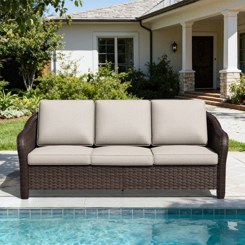 Canapé d'extérieur en rotin pour terrasse avec coussins 3 personnes, Beige