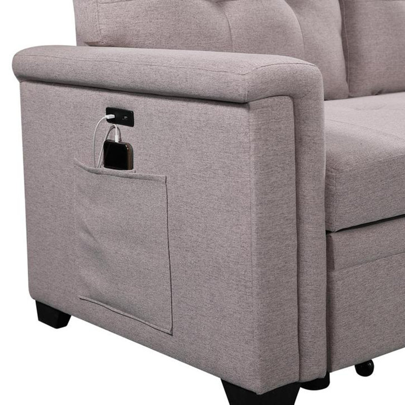 Reversible Sleeper Sectional Sofa with Storage Chaise, USB Charging Ports and Pocket, Grey
