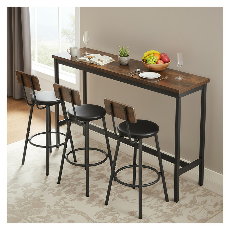 Ensemble de table et chaises de bar 4 pièces avec 3 tabourets de bar rembourrés en polyuréthane - Ensemble de salle à manger de cuisine pour petits espaces, brun rustique