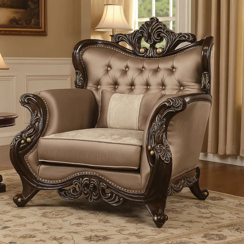 Fauteuil Aboi avec coussin, velours brun, bois de cerisier foncé sculpté, Brun, Espresso