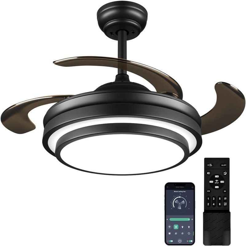 Modern 36 Inches Black Reversible Ceiling Fan With Dimmable LED Light, 6 Speed, Remote Control, For Bedroom Live Room