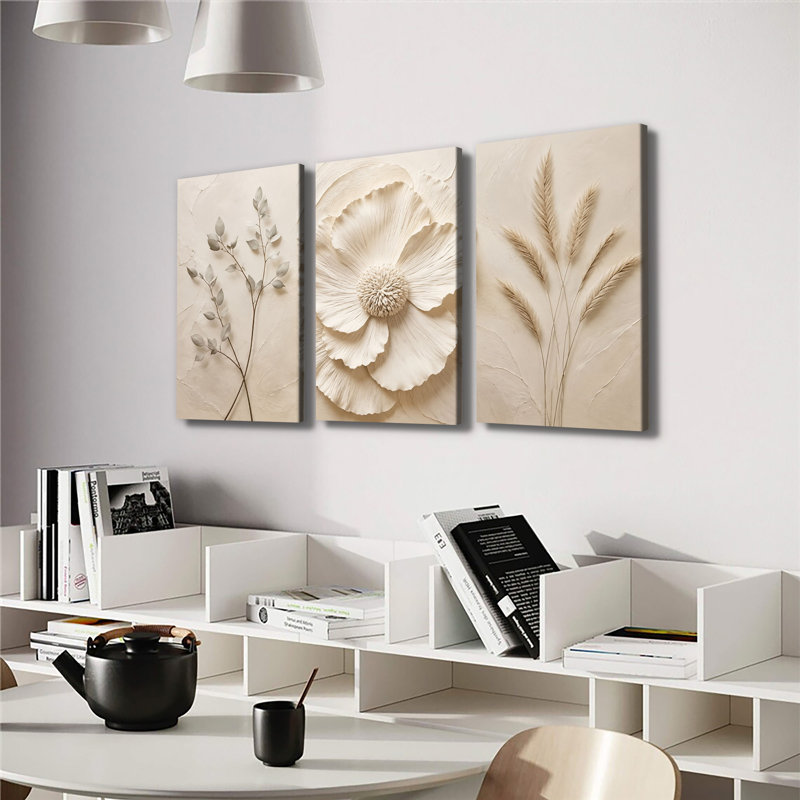 Ensemble de 3 impressions sur toile crème neutres, texturées, fleurs sculptées en 3D blanc, eucalyptus, pampas, mur de bohème doux et minimaliste