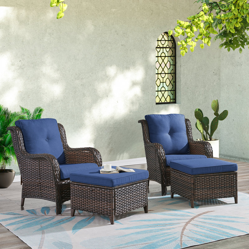 Bonia Outdoor Lounge Chair with Ottoman, Brown Frame/Blue Cushion