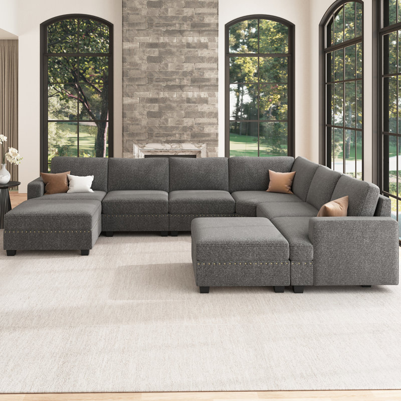 Anureet Modular U-Shaped Sectional with Storage Ottoman, Light Gray Polyester, Yes