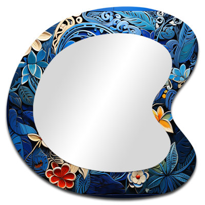 Flower blue botanical mosaic  II - Floral Irregular Shape Decorative Mirror, Traditional Asymmetrical Wall Mirror, Printed Metal Art