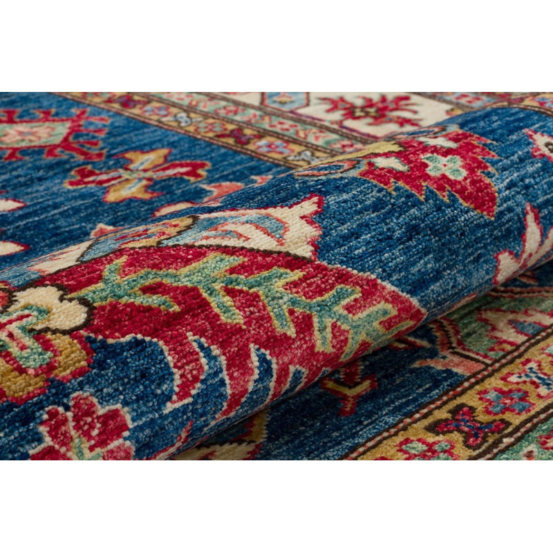 Tapis oriental floral en laine noué à la main de style afghan marine, brun, rouge et rouge