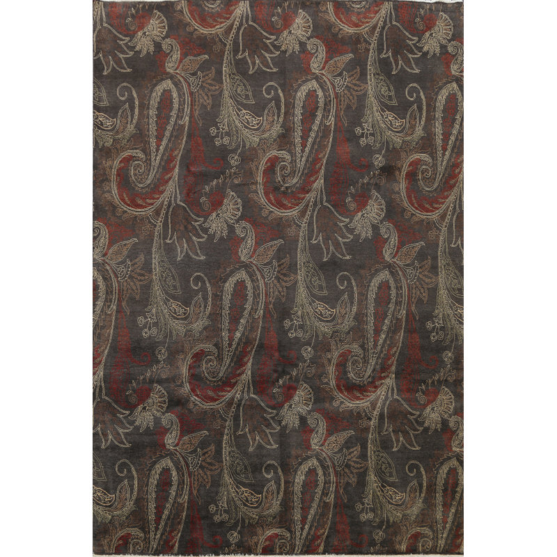 Tapis gris en laine noué à la main de conception unique 8 pi 1 po x 10 pi New Age